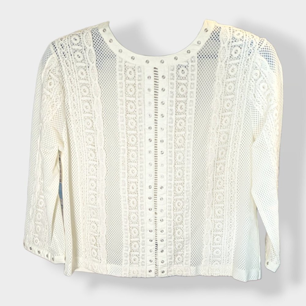Plenty By Tracy Reese Off-White Rivet & Crochet Lace 3/4 sleeve Top Size Small